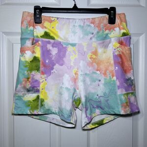 Pro Player Biker Shorts Women's Large Multicolor Watercolor Pockets Wicking